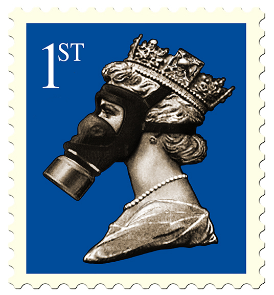 James Cauty Stamps of Mass Destruction Queen in a gas mask